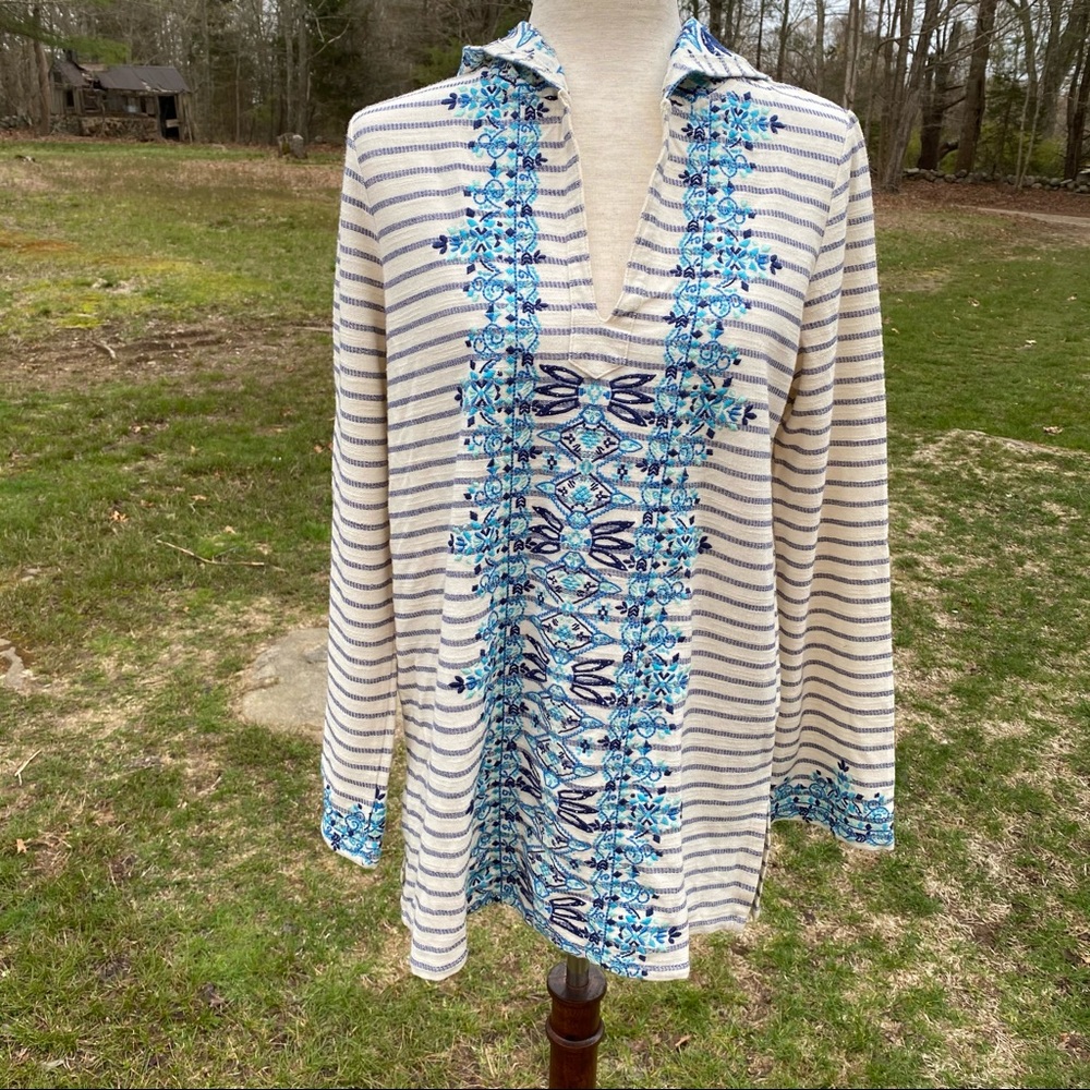 ORVIS TOP HOODED TUNIC HOODIE BLUE CREAM STRIPE FLORAL LONG SLEEVE Size S